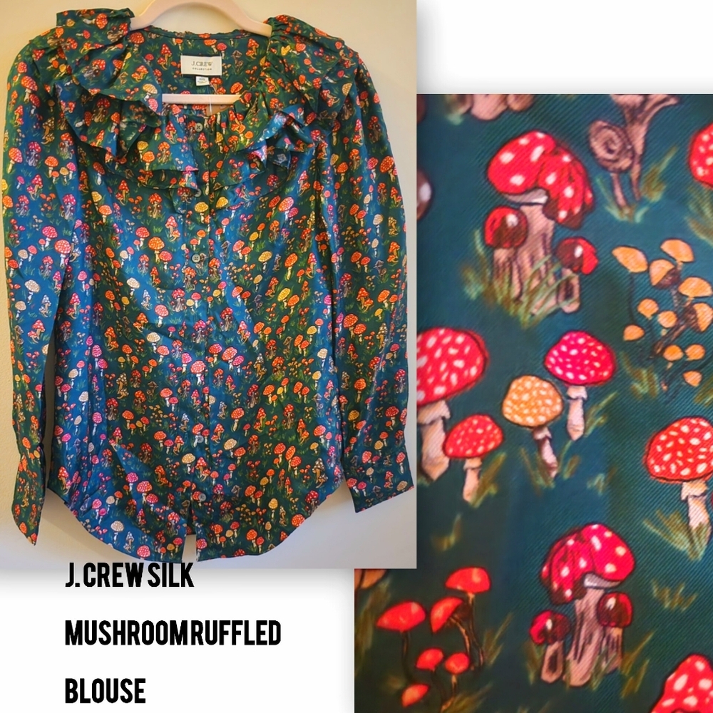 Silk J. Crew Ruffle Neckline Mushrooms Print Green Long Sleeve Blouse XXS